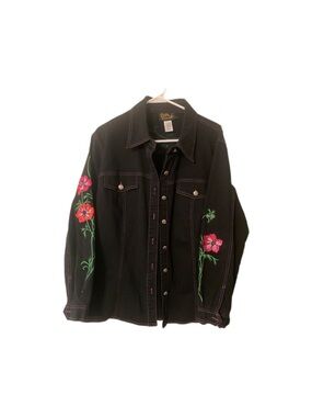 Bob Mackie Black Denim Jacket with Pink Floral Embroidery